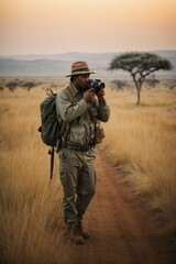 A photographer or videographer shoots wildlife Safari, Africa on camera.