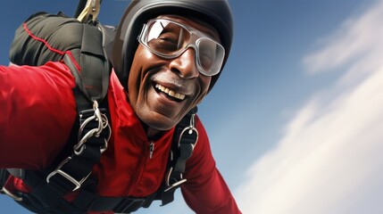 Senior man is parachuting, jumping with a parachute
