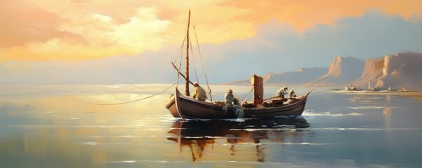 Fisherman, ships, boat, sea landscape, oil paintings, Generative AI
