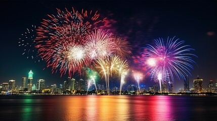 Fototapeta premium Night view of Fireworks over the city at night near the water .and fireworks in the city harbor.