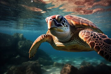 Fototapeta premium Sea turtle multicolored deep underwater is sunny rays. Ocean life, wildlife. Conservation species and population