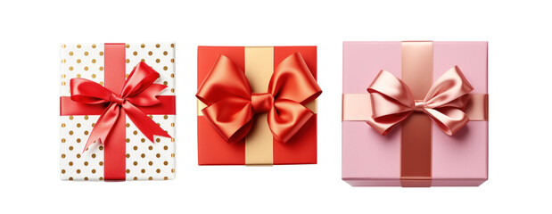 Set of festive holiday gift box as a bonus compliment with ribbon isolated on transparent background