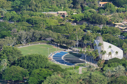 Telephoto photo from the Diamond Head Crater of the Tom Moffatt Waikiki Shell in the Waikiki area of Honolulu, Hawaii