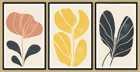Matisse inspired contemporary collage botanical minimalist wall art posters set, Generative AI