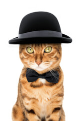 The cat is wearing a hat and bow tie.