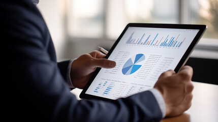 The Head of Revenue Operations reviewing data and charts on a tablet, Head of Revenue Operations, blurred background, with copy space