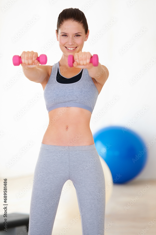 Sticker Woman, training and portrait for dumbbells in studio for health wellness, fitness and weight loss with exercise. Young person, happy and face with hand weights for tone muscle with strong body in gym