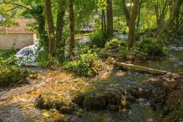 A small stream passing through Martin Brod village, Bihac, in the Una National Park. Una-Sana Canton, Federation of Bosnia and Herzegovina. Early September