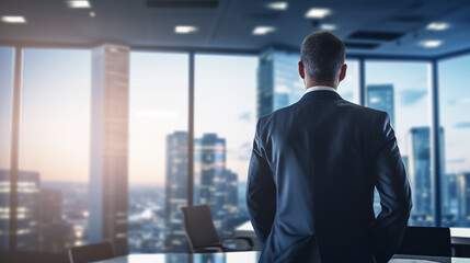 A commanding Head of Revenue Operations in a high-rise office setting, Head of Revenue Operations, blurred background, with copy space