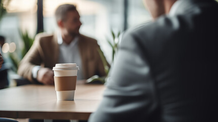 A creative angle of the Head of Revenue Operations discussing plans over coffee, Head of Revenue Operations, blurred background, with copy space