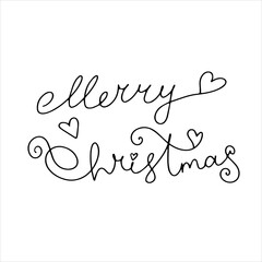 Vector inscription. Merry Christmas. Congratulatory lettering in italics with hearts. Linear text