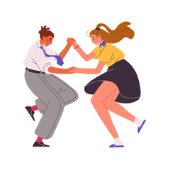 Couple dance tap, swing in retro style. Partners perform twist, lindy hop. Dancers move by energetic music. Happy people on 50s jazz, jive disco. Flat isolated vector illustration on white background