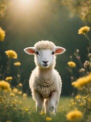 A portrait of a lamb in a field of flowers
