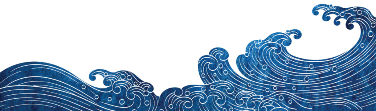 Blue brush stroke texture with Japanese ocean wave pattern in vintage style. Abstract art landscape banner design with watercolor texture vector. Hand drawn line
