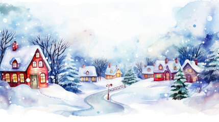 watercolor village santa, Winter or Christmas landscape, fairy tale town, colorful tale houses,. Wonderland, Christmas village , Winter Holidays. New Year	
