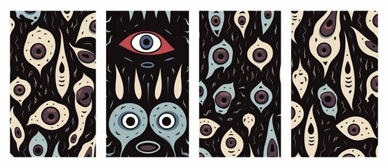 Seamless patterns set with strange surreal creatures with eyes, Generative AI - obrazy, fototapety, plakaty