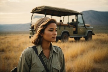 A female tourist looks at the beautiful nature of Africa against the background of wildlife and...