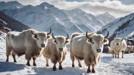 group of yak in the himalayan mountains