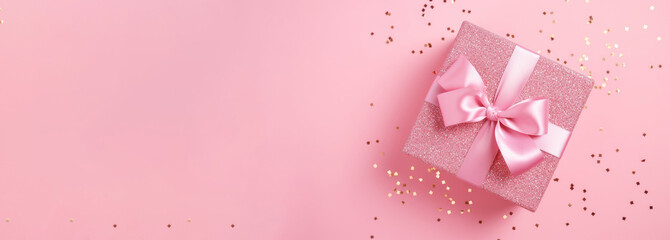 Festive gift box as a bonus compliment with ribbon on pink background