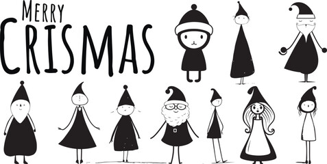 Vector Santa Claus collection. Set of cartoon funny Santa, Black and White. Chrismas collection of Santa Claus figures.