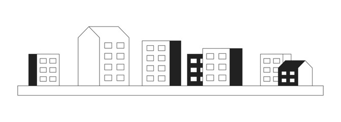 Apartment complex black and white 2D cartoon object. Residential area. Block of flats isolated vector outline item. Condominium city. High rise buildings urban monochromatic flat spot illustration