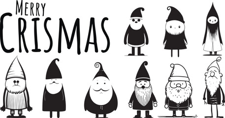 Vector Santa Claus collection. Set of cartoon funny Santa, Black and White. Chrismas collection of Santa Claus figures.