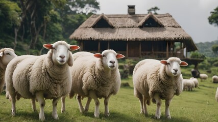 Naklejka premium sheep and lambs in the farm field , cute lamps , farm house , rural area 