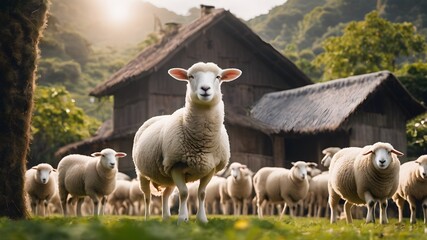 Obraz premium sheep and lambs in the farm field , cute lamps , farm house , rural area 
