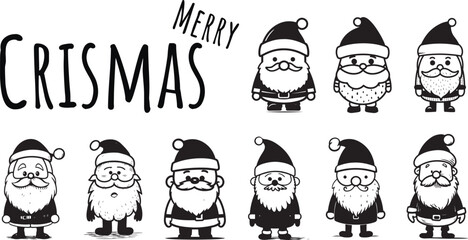 Vector Santa Claus collection. Set of cartoon funny Santa, Black and White. Chrismas collection of Santa Claus figures.