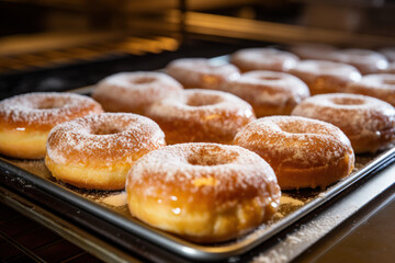 Sugared doughnuts fresh from the bakery oven