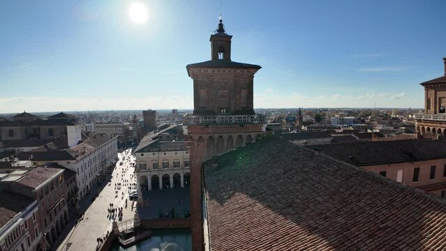 Aerial view from Ferrara Castle tower, majestic fortress that stands in the heart of Ferrara, Italy. It was built in 1385 by the Este family, who ruled the city for centuries over the Duchy of Ferrara