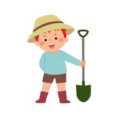 Cartoon kid boy gardener with a shovel