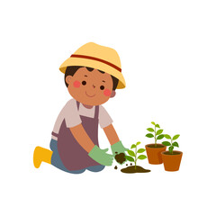Cartoon little boy planting young trees. Kid gardening.