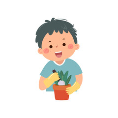 Cartoon little boy shoveling soil into pot