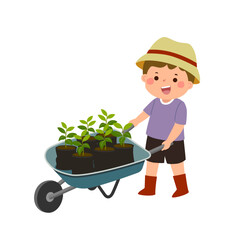 Cartoon little boy pushing wheelbarrow full of young plants in pots