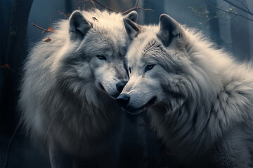 a pair of wolves are hugging