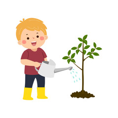 Cartoon little boy watering young plant