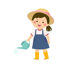 Cartoon little girl holding watering can pouring water