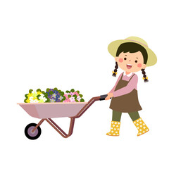 Cartoon little girl pushing wheelbarrow full of flowers pots