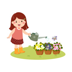 Cartoon little girl watering flowers in pots