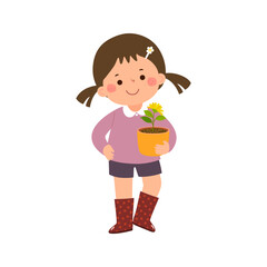 Cartoon little girl holding flower pot