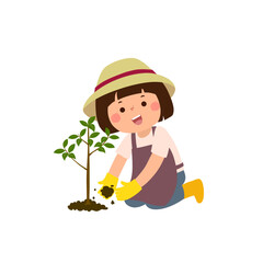 Cartoon little girl planting young tree