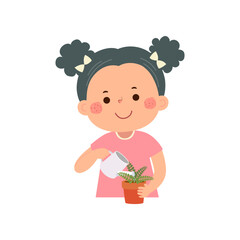 Cartoon little girl watering plant in pot - 689583087