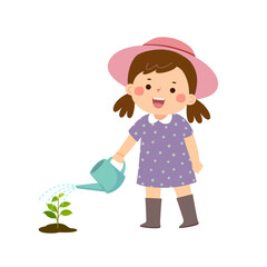 Cartoon little girl watering young plant
