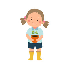 Cartoon little girl with tree seedling in pot - 689583095