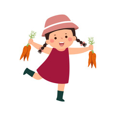 Little girl farmer holding carrots. Kid gardening and harvesting