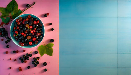 top view of a bowl full of black currants on a pink light blue work surface