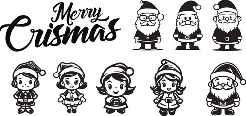 Vector Santa Claus collection. Set of cartoon funny Santa, Black and White. Chrismas collection of Santa Claus figures.