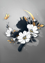 drawing of a black kitten in flowers looking at a flying butterfly
