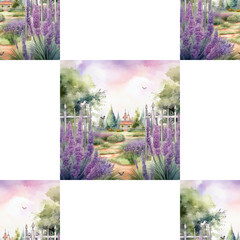 Houses in lavender fields, seamless-01